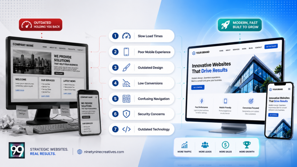 Website redesign signs showing an outdated and modern business website