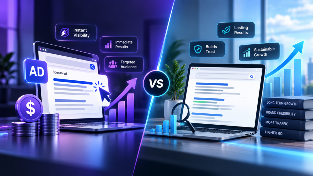 business owner comparing PPC vs SEO for businesses on a whiteboard