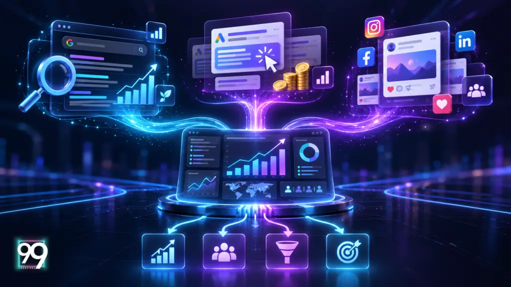 Integrated digital marketing connecting SEO PPC and social media campaigns