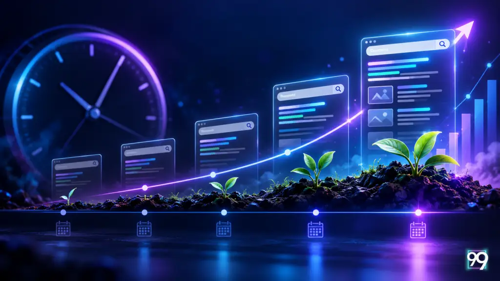 SEO results timeline showing how rankings, traffic, and leads can grow over time